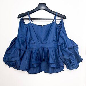 Gracia Navy Blue Cold Shoulder Blouse, Peplum Waist, Women's Size M